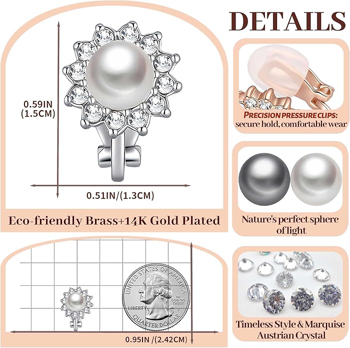 EVEVIC Austrian Crystal Pearl Clip On Earrings for Women Non Pierced Earings 14K Gold Plated Hypoallergenic Jewelry