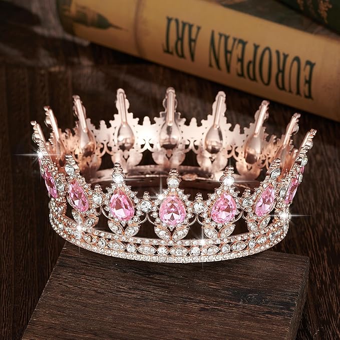 Queen Crown Rhinestone Wedding Crowns and Tiaras for Women Costume Party Hair Accessories Princess Birthday Crown Crystal Bridal Crown (Rose Gold & Pink Crown)