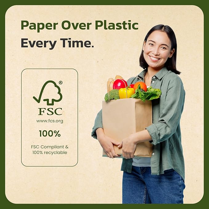 EKOBAGS Granvia | 10x7x12 inches | 100-Pack Kraft Paper Gift Bags with Handles | 115 GSM Brown Paper Bags for Small Business, Shopping & Party Favors | Recyclable | Holds up to 13.8L/8 lbs