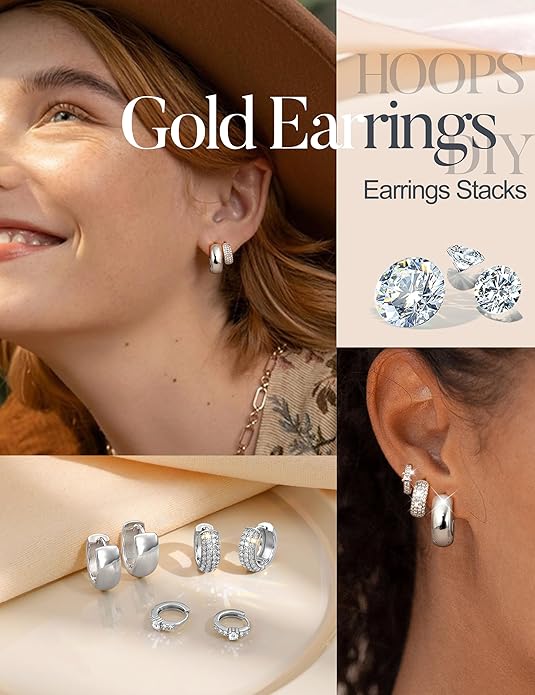 LOLIAS Small 14K Gold Plated Chunky Hoop Earrings for Women Hypoallergenic Silver Earrings Set for Sensitive Ears Non Tarnish Huggie Hoops Earring Stacks for Multiple Piercing Jewelry Lightweight 3Pairs