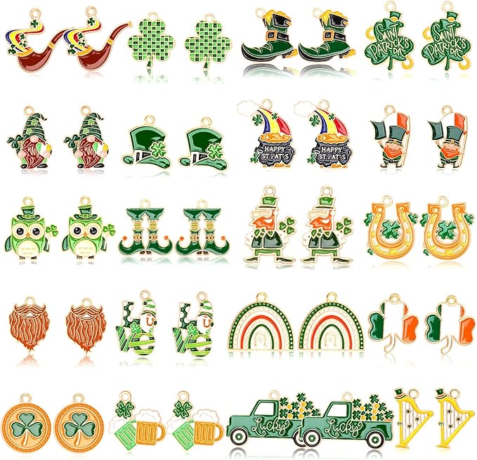 MARFOREVER 40Pcs/20 Pairs St. Patrick's Day Charms for Jewelry Making, Green Charms Assorted Shamrock Hat Coins Beer Gnome Enamel Lucky Charm Pendants for Bracelet Necklace Earrings Making Accessories