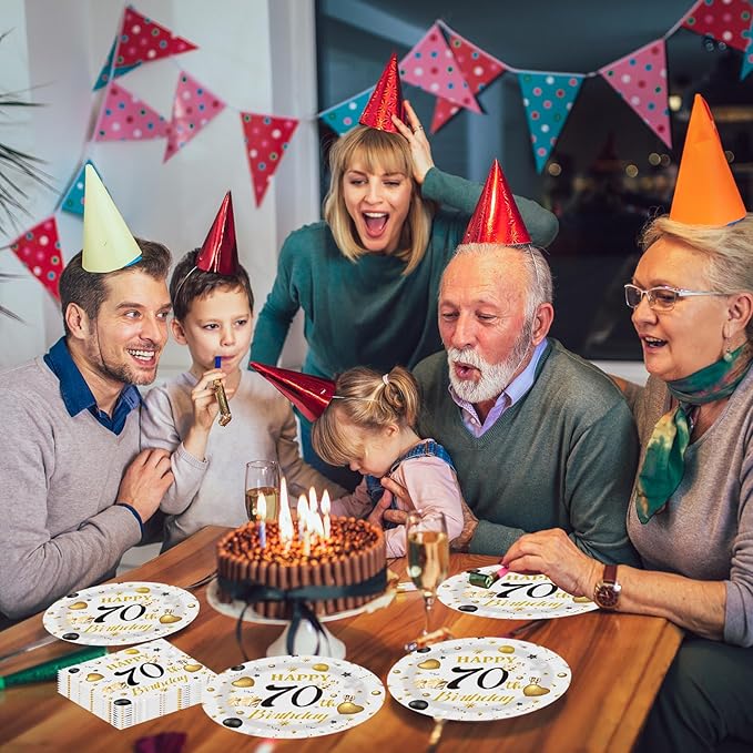 75PCS 70th Birthday Plates and Napkins Party Decorations, 7 Inch Premium Grey and Gold Happy Birthday Paper Plates and Napkins Disposable Tableware Set 70 Year Old Birthday's Party Decor for Women Men