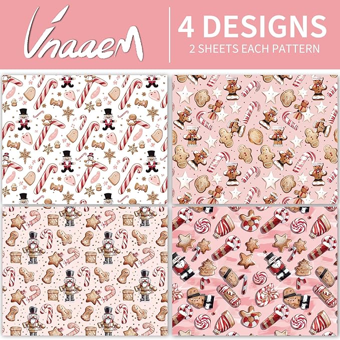 Vnaaem Pink Christmas Wrapping Paper with 4 Nutcracker Gingerbread Design for Christmas Holiday Party Celebration - 20 X 28Inches Per Sheet(8 Pack)