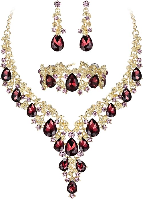BriLove Women's Wedding Bridal Austrian Crystal Teardrop Flower Cluster Statement Necklace Dangle Earrings Jewelry Set for Party Prom