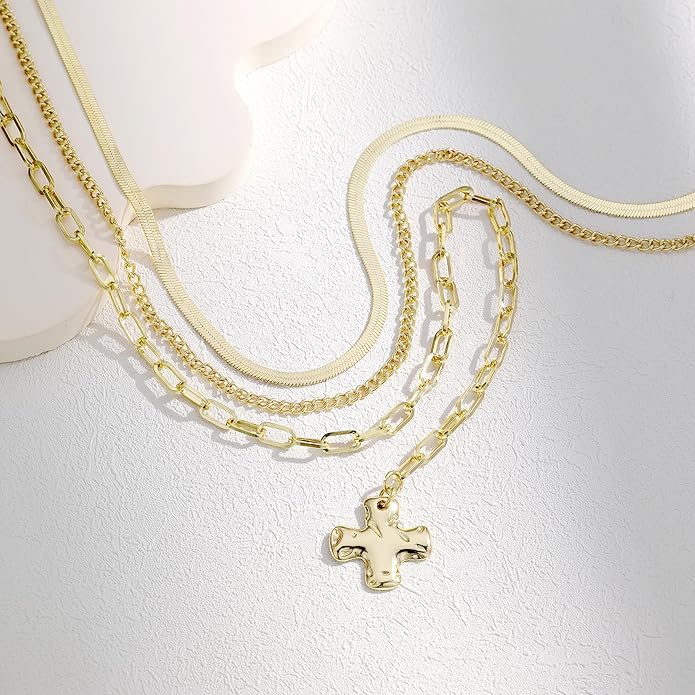 Evabelle Gold Layered Necklace for Women Trendy Jewelry 14K Real Gold Plated Chunky Chain Stackable Necklaces Dainty Choker Necklaces Rectangle Square Pendant