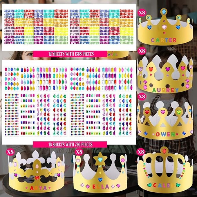 76 Pcs Paper Crowns for Kids Boys Girls Adults Princess Prince King, Classroom Crown, Birthday Party Hats with Gold Gem Jewels Number Letter Stickers, DIY Decor Favor Supplies