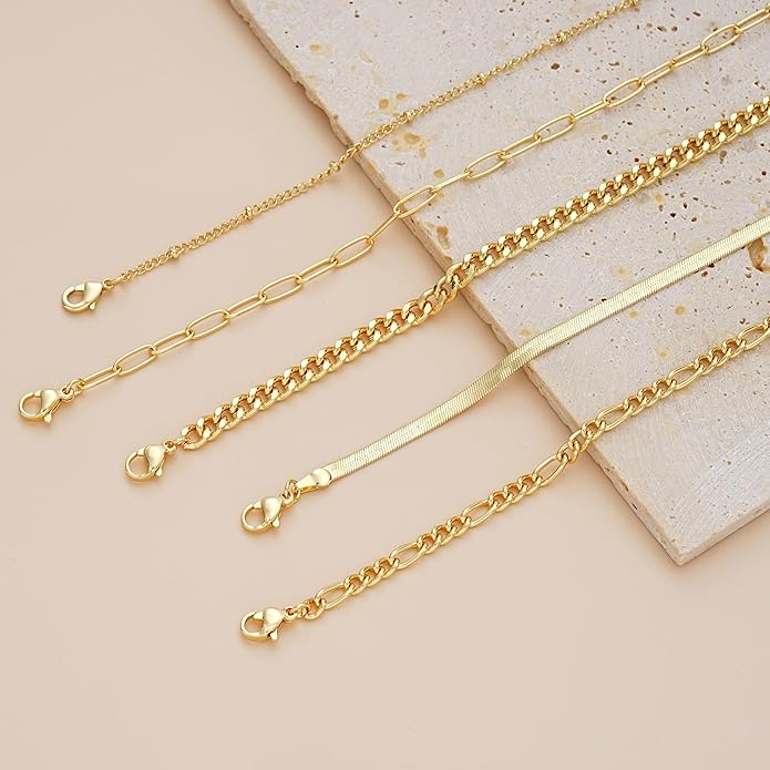 iF YOU Gold Ankle Bracelets for Women, 14k Gold Plated Waterproof Cuban Link Chain Anklets Set, Layered Anklet Bracelets for Women Beach Gift Adjustable Size 5pc