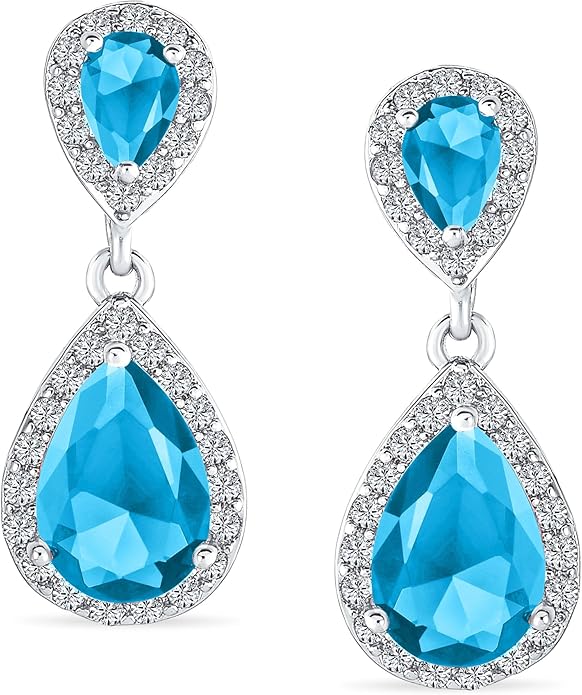 Vintage Style Bridal Cubic Zirconia Simulated Gemstone AAA CZ Halo Dangle Teardrop Chandelier Clip On Earrings For Women Silver Rose Gold Plated in Black Purple Blue Red Rose Pink Green Clear