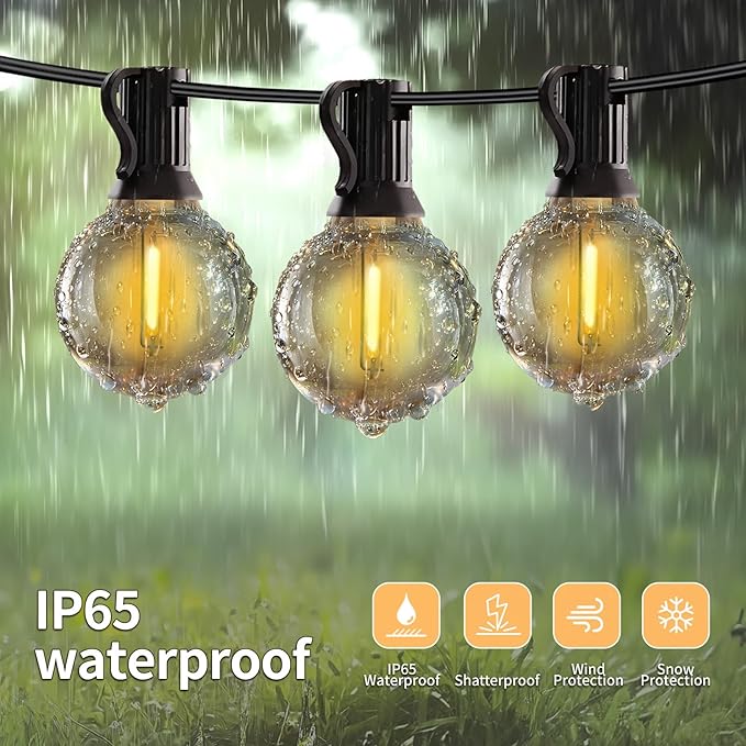 50ft LED String Lights with Remote, 25+1Bulbs Dimmable Patio Lights Outdoor, 24V Waterproof Plug, G40 Hanging Light for Outside Deck Garden Backyard Porch Party Decor