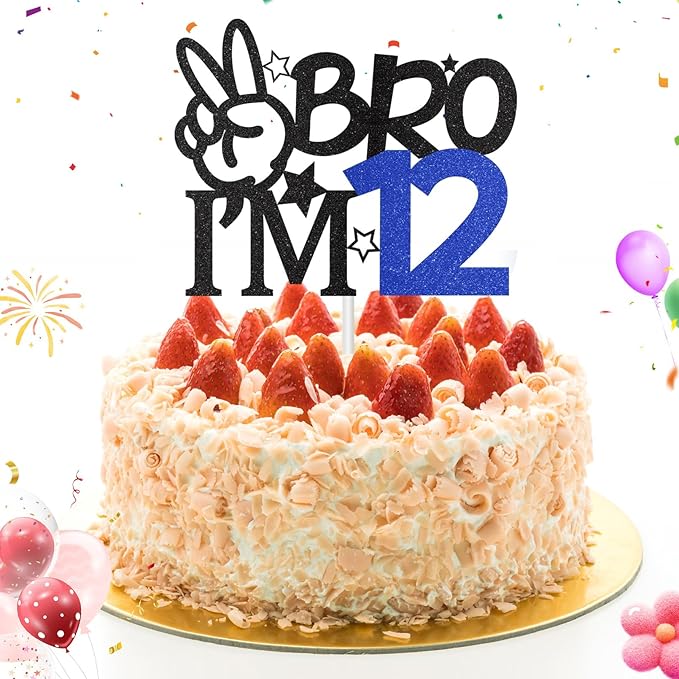 Bro I'm 12 Cake Topper, 12th Birthday Decorations for Boy, Glitter Funny 12th Birthday Cake Topper, Big Brother 12 Year Old Birthday Party Decoration Supplies