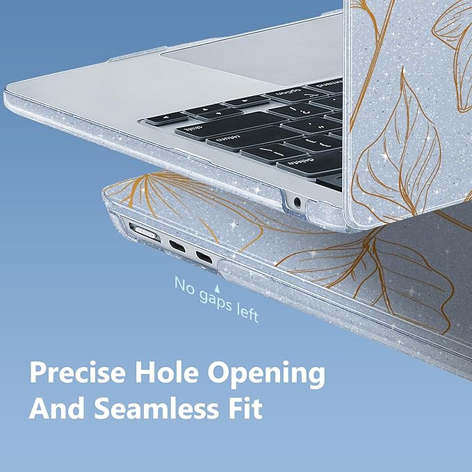 Mektron for 2025 MacBook Air 15 inch M4 Case A3241/ 2024 M3 A3114/ 2023 A2941 M2 Hard Printed Cover with 15.3 Liquid Retina Display Touch ID with Keyboard Skin- Gold Flower S718-Glitter Blue