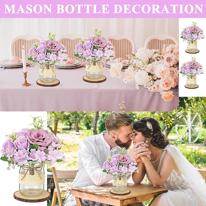 Set 6 Mason Jar Table Centerpiece - Wedding Centerpieces for Tables, Mason Jar Flower Centerpiece Vases Decor- Boho Farmhouse Rustic for Engagement, Bridal Shower, Wedding, Versatile Decor (Purple)