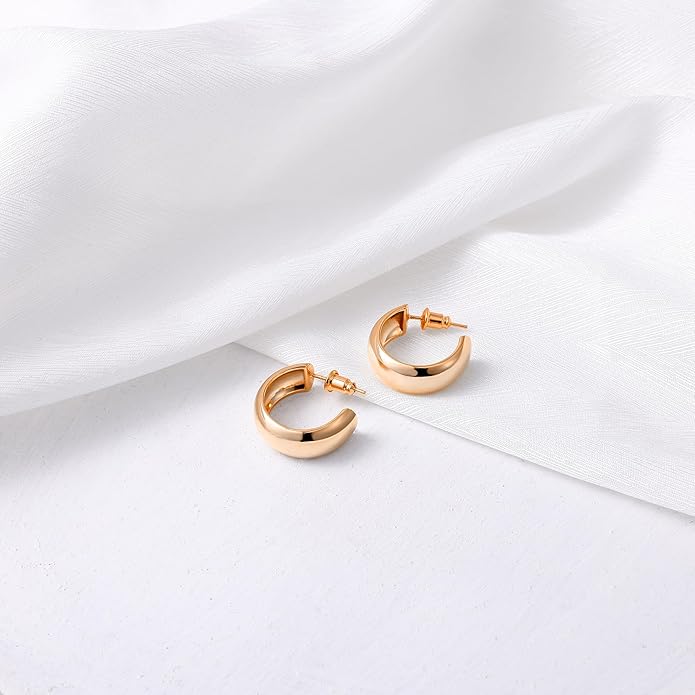 Gamicy Small 14K Gold Plated Hoop Earrings for Women with 925 Stering Silver Post, 14K Real Gold Plated Chunky Lightweight Hoops Earrings
