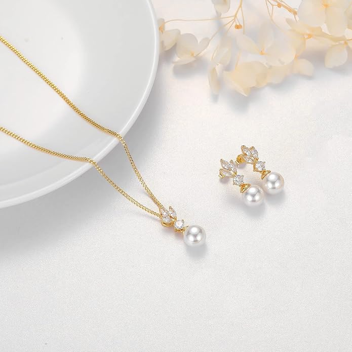 Wedding Jewelry for Bride Bridesmaid, Pearl Dangle Earrings and Pendant Necklace Set Bridal Jewelry for Promise Wedding Party