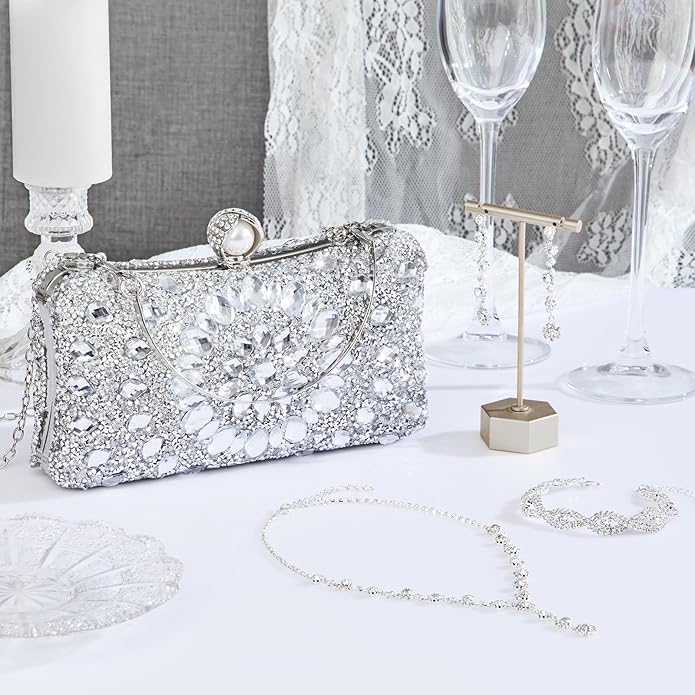 Quelay 4 Pcs Purse Rhinestone Jewelry Set Evening Clutch Bag Bling Crystal Necklace Dangle Earrings Bracelets Accessories