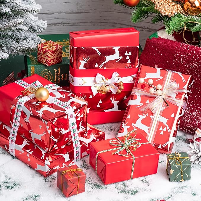 WRAPAHOLIC Reversible Red Christmas Wrapping Paper - Mini Roll - 17 Inch x 33 Feet - Reindeer Wrapping Paper and Solid Red Design with Metallic Foil Shine for Christmas, Holiday, Party