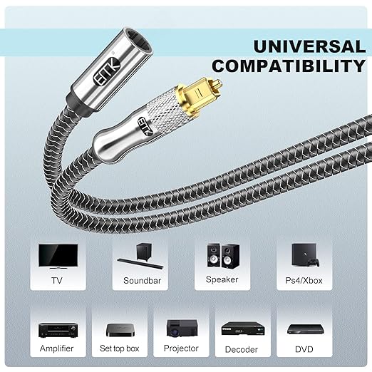 EMK Optical Cable Extension, 24K Gold-Plated Optical Audio Cable Toslink Female to Male Audio Extended Cable Compatible for Sound Bar,Home Theater (3 Feet/1M, Optic Extension, Silver2)