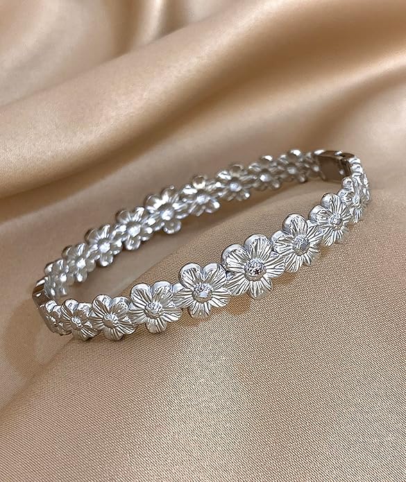 hotoo Flower Bangle Bracelets for Women Cute Stackable Stainless Steel Cuff Bracelet Mother Daughter Sister