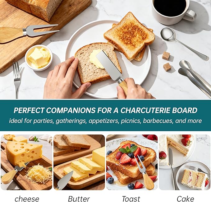 Charcuterie Boards Accessories Bowls with Lids, Cheese Butter Spreader Knife Set Mini Serving Tongs, Forks, Spoons,Dipping Bowls, Toothpick Flags, Honey Dippers For Party Platter Making (Silver)