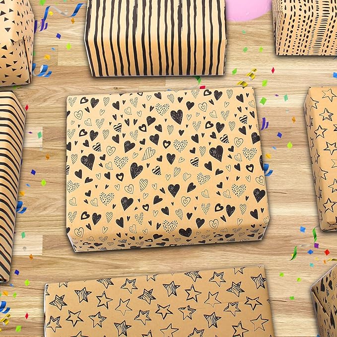 Wrapping Paper Sheets-Gift Wrapping Paper Set with Tags & String-Brown Kraft Wrapping Paper Birthday Gift Wrap for Present Wrapping Paper-Birthday Paper Birthday Wrap for Women Girl Men Boys Kids(6 Sheets, 28"Lx20"W per Sheet)