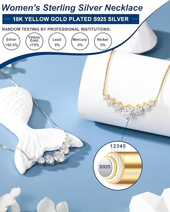 TUHE 7 Stones Moissanite Necklace for Women, 1.7-5.0 Carat Smile Moissanite Pendant Necklace 18k Gold Plated Sterling Silver 16.5+2.5 inch Box Chain Tennis Necklaces with Certificate of Authenticity
