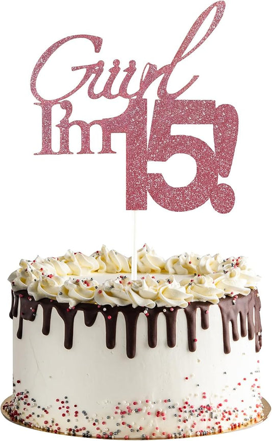 Giiirl I'm 15 Cake Topper - Pink Glitter Sweet 15 Birthday Decorations for Girls, Funny 15th Party Supplies for Teens, Girly I'm 15 Cake Decor (Giiirl I’m 15！, 15th)