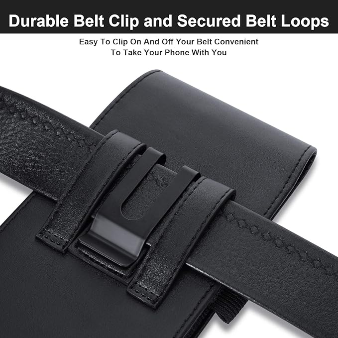 BECPLT Leather Holster Belt Case for iPhone 16 Pro/15/14/13/12/11 Pro & Galaxy S25/S24/S23/S22/S21/S20 - Slim Hard Case with Clip/Loops - Black