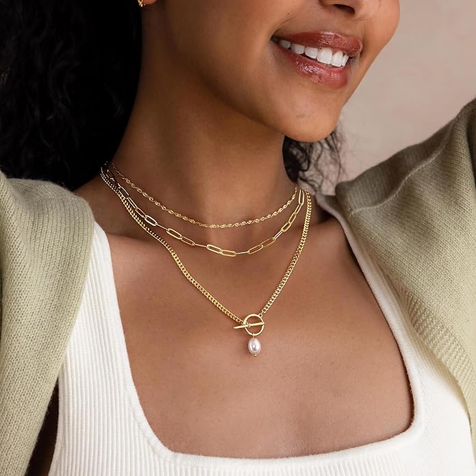 Layered Gold Necklaces for Women, Stackable Dainty 14K Gold Silver Plated Trendy Simple Heart Diamond Cross Bow Circle Pendant Paperclip Choker Dot Chain Necklace,Jewelry Set Gifts for Women