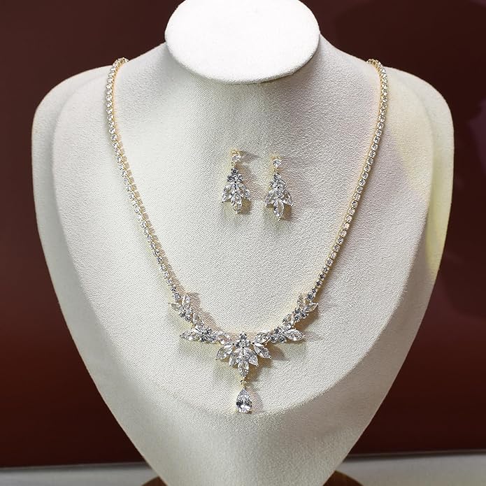 UDYLGOON Sparkling Bridal Jewelry Set for Bride & Bridesmaids, Imitation Cubic Zirconia Necklace, Earrings, Bracelet - Real Gold Plated, Hypoallergenic Gift for Her