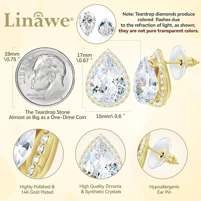 Linawe Women Stud Earrings, Teardrop Diamond Moissanite Cubic Zirconia Earrings Studs Rhinestone Jewelry Gold/Silver/Rose Gold