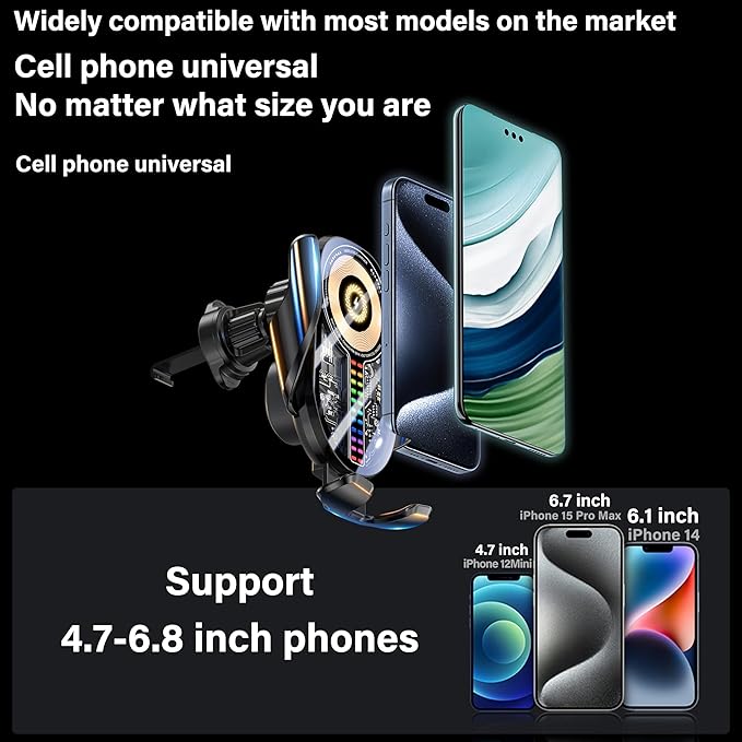 Wireless Car Charger, Cell Phone Car Mount 15W Fast Charging Auto Clamping for Car Vent Phone Holder Charger for iPhone 16 15 14 13 12 11 Pro Max, Glaxy S24 Ultra, LG, Google