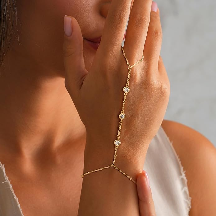Valentine Gift 14K Gold Plated Hand Chain Bracelet for Women Trendy, 2 Pcs Stackable Gold/Silver Finger Ring Bracelet Hand Chain Dainty Non Tarnish Waterproof Set Jewelry Adjustable 7'+2