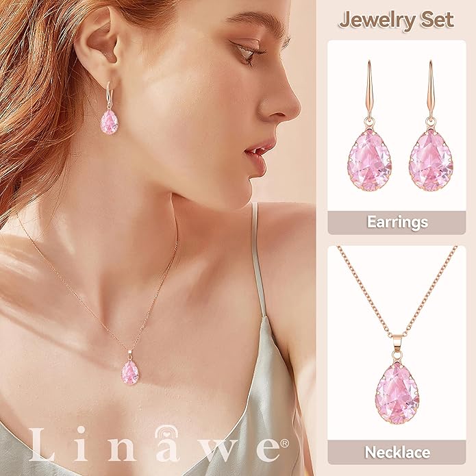 Linawe Crystal Jewelry Sets for Women, Imitation Diamond Pendant Necklace, Rhinestone Drop Dangle Earrings, Birthstone Cubic Zirconia Matching Wedding Jewelry, 14K Gold/Rose Gold/Silver Tones