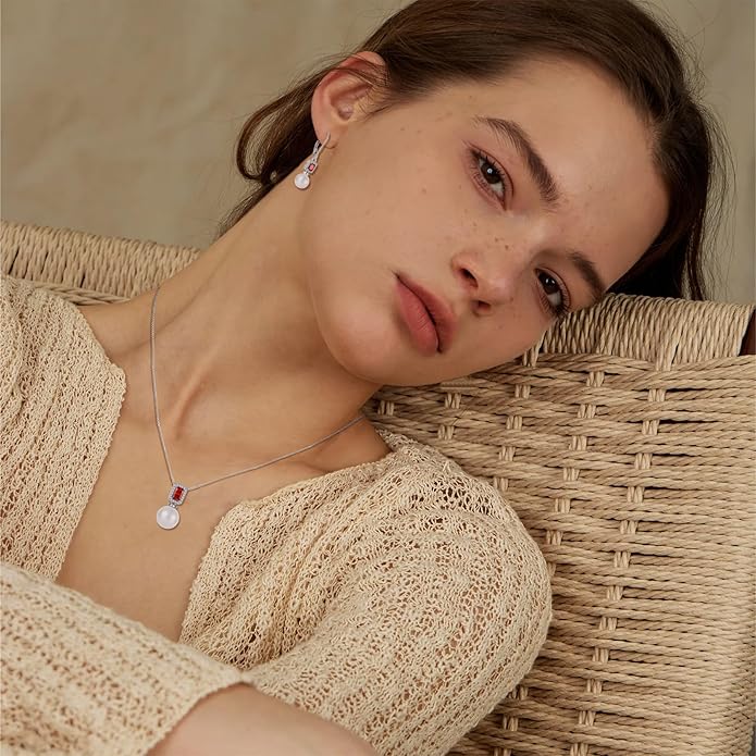 Pearl Jewelry Set 925 Sterling Silver Garnet Necklace Earrngs Emerald Cut January Birthstone Jewelry Gifts for Her