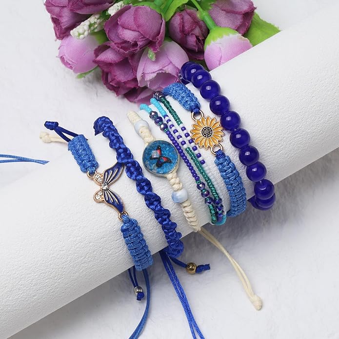 DS 6PCS String beads Charm Bracelets for Teen Girls Handmade Braided Rope Butterfly daisies Eternal flower Boho Surfer Bracelet for women Adjustable friendship Stretch birthday jewelry Gift Friends