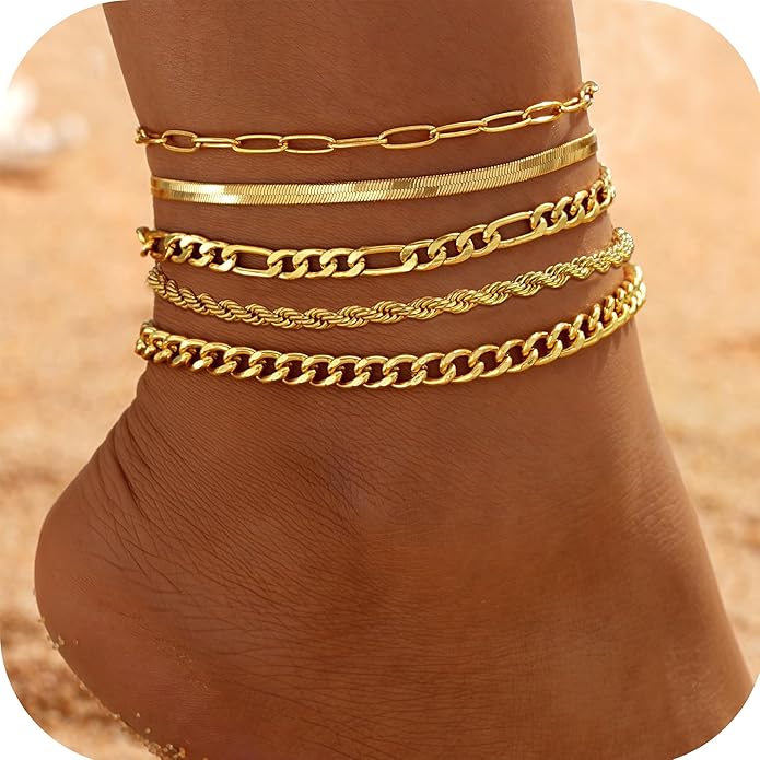 iF YOU Gold Ankle Bracelets for Women, 14k Gold Plated Waterproof Cuban Link Chain Anklets Set, Layered Anklet Bracelets for Women Beach Gift Adjustable Size 5pc