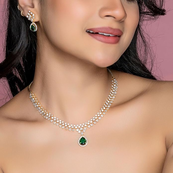 TARINIKA Green and White Cubic Zirconia(CZ) Indian Necklace Set with Earrings, Gold Plated Brass Fashion Indian Jewelry Gift for Women Bollywood Costume Jewellery