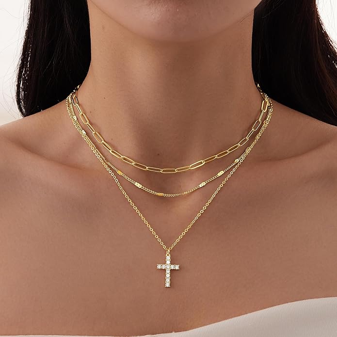 Layered Gold Necklaces for Women, Stackable Dainty 14K Gold Silver Plated Trendy Simple Heart Diamond Cross Bow Circle Pendant Paperclip Choker Dot Chain Necklace,Jewelry Set Gifts for Women