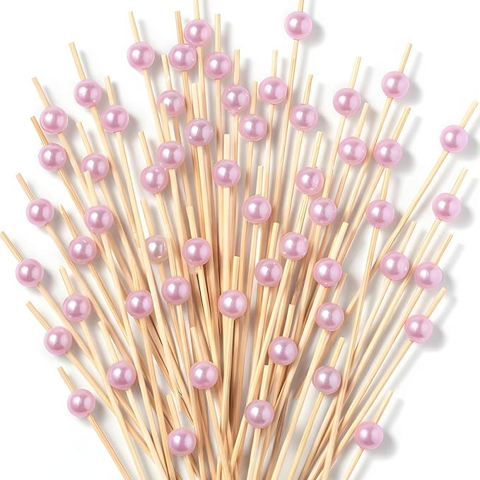 CATIFLIN 300PCS Pink Pearl Cocktail Picks, 4.7" Bamboo Toothpicks for Appetizers, Fancy Food Sticks for Party, Wedding, Charcuterie, Fruit, Dessert, Drinks, Buffet Decor
