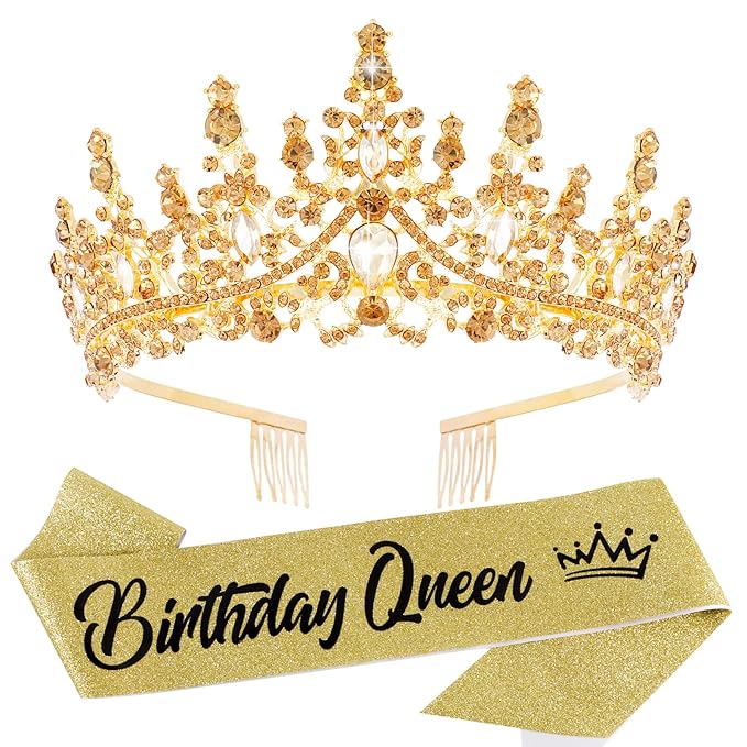 Velscrun Gold Crystal Birthday Queen Tiara Crown for Women Girls Birthday Queen Headband Sash Elegant Princess Crown with Combs Hair Accessories Happy Birth Party Decorations Mom Birth Gift