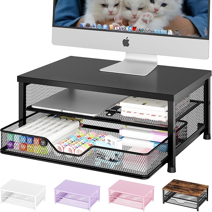 Desk Organizers and Accessories, 2-Tier Computer Monitor Stand Riser with Drawer, Laptop Stand, Office Desk Accessories, Workspace Desktop Organizer for Office Supplies, Black