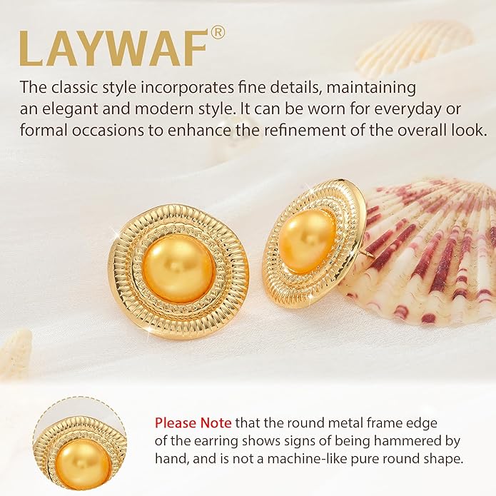 Faux Pearl Gold Plated Stud Earrings for Women, Hypoallergenic Stainless Steel Ear Pin, Available in a Variety of Pearl Colors