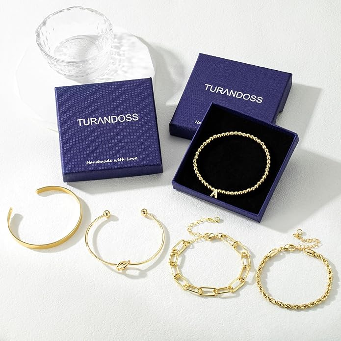 Turandoss Valentines Gifts for Her Girls, Dainty 5PCS 14K Gold Plated Initial A-Z Beaded Stretch Bracelet Chunky Gold Cuff Knot Twisted Rope Paperclip Bracelet Set Stack Jewelry Gifts for Women Girls