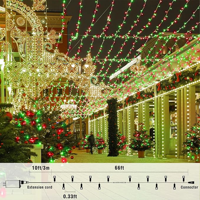 66FT 200 LED Christmas Lights Outdoor, Plug in Christmas String Lights Indoor, Waterproof & 8 Modes & Timer Function, Connectable Fairy Twinkle Light for Home Patio Tree Decor, Red Green