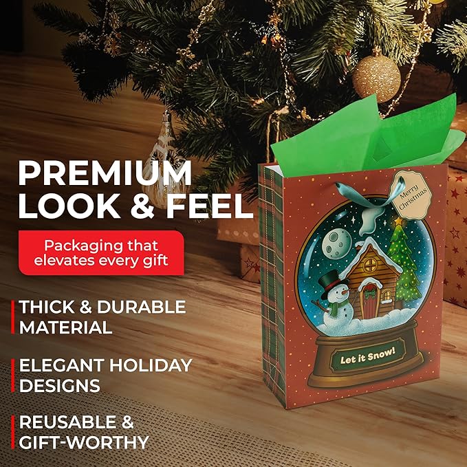 RACHELLE'S Snow Globe Christmas Gift Bags – Large 16"x12"x5" (2-Pack) – Sturdy Paper Gift Bags with Tissue Paper, Tag and Handle – Let It Snow – Perfect for Christmas Holiday Gifting & Party Favors