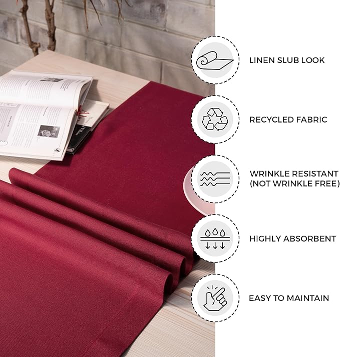 D'Moksha Homes Red Table Runner 14 x 60 Inch - Faux Linen Table Runner - Wrinkle Resistant, Machine Washable Ideal for Dresser, Coffee Tables, Thanksgiving, Christmas, Holiday - 100% Recycled Fabric
