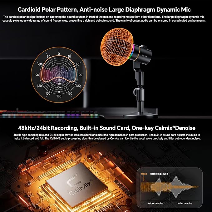 COMICA D10 Pro A Wireless/XLR/USB Dynamic Microphone with Receiver Boom Arm Stand- Dual Channel Cardioid Mic, 45H Battery, RGB Lights, CalMix Denoise for Gaming/Streaming/PD(PC, PS4/5, Mac,Phone)Black