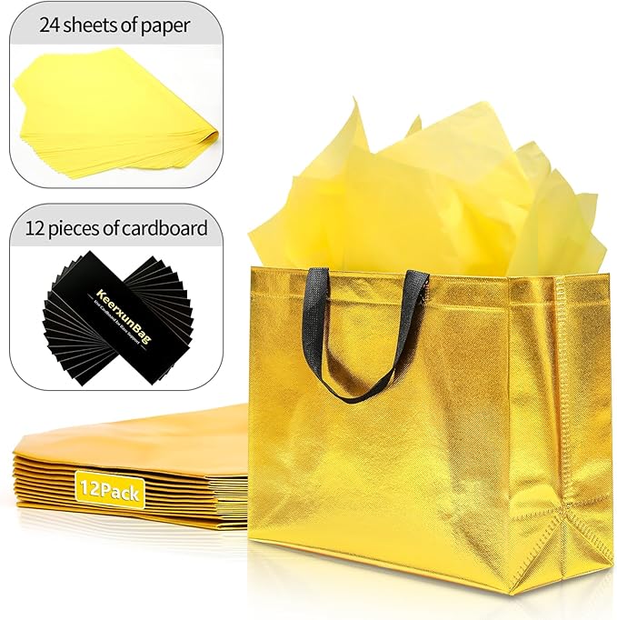 KeerxunBag 12Pcs Reusable Gift Bags（Includes Tissue Paper） Gift bag with handle Birthdays Parties Holidays Weddings Medium 13x5x11in Golden Yellow Gift Bags