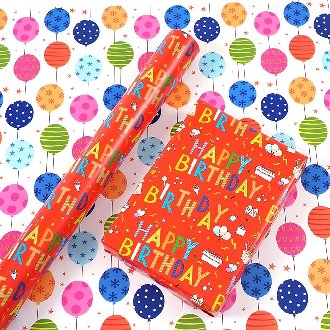 Reversible Birthday Wrapping Paper - Mini Roll - 17 Inches X 33 Feet - for Boys Girls Kids - Happy Birthday Lettering and Colorful Balloons Design for Women Men Baby Shower Holiday