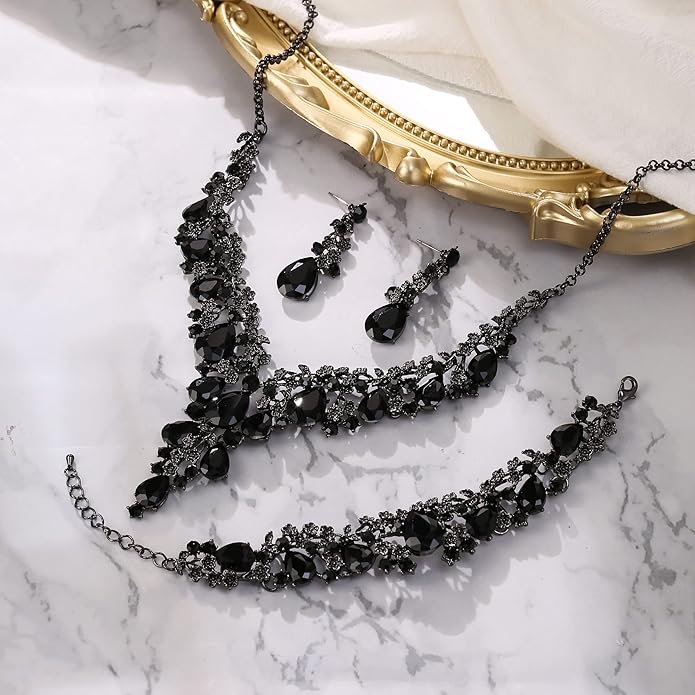 BriLove Women's Wedding Bridal Austrian Crystal Teardrop Flower Cluster Statement Necklace Dangle Earrings Jewelry Set for Party Prom
